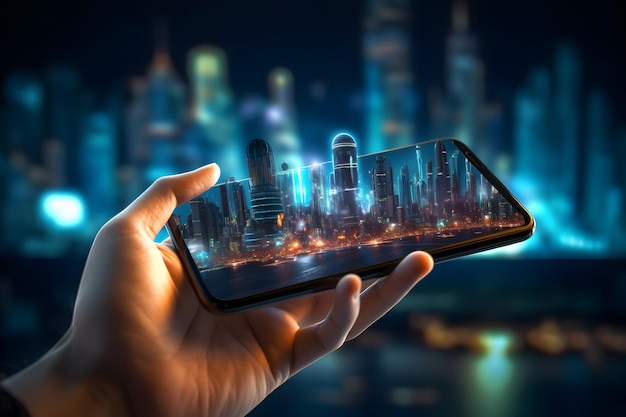 A hand holding a smart phone with a cityscape in the background.