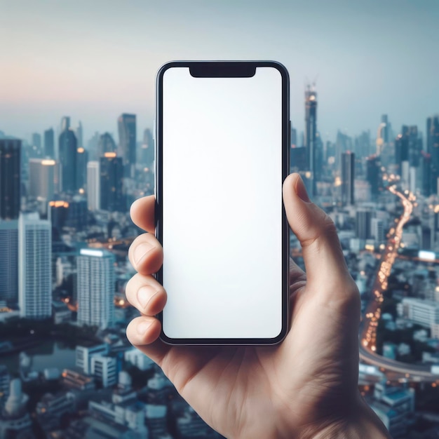 hand holding smart phone with clean white blank screen mockup with city skyline defocused ai