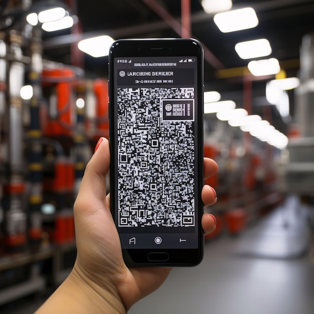 hand holding smart phone with QR code scanner on the screen in warehouse