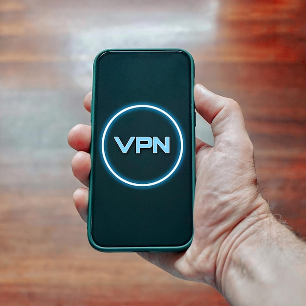 画面に vpn 記号が付いたスマートフォンを持っている手