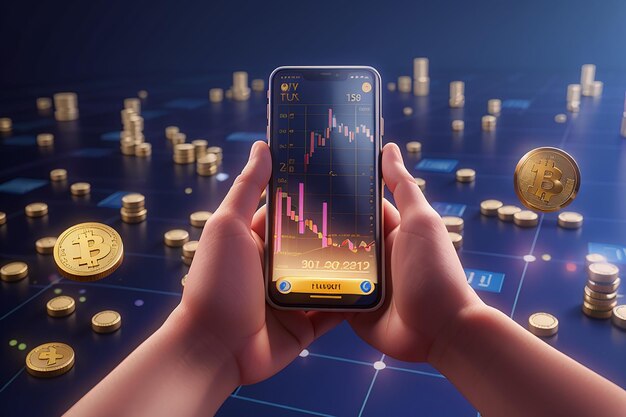 Photo hand holding smartphone for bitcoin trading 3d render