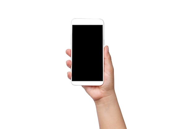 クリッピングパスと白い背景で隔離の黒い画面でスマートフォンを持っている手