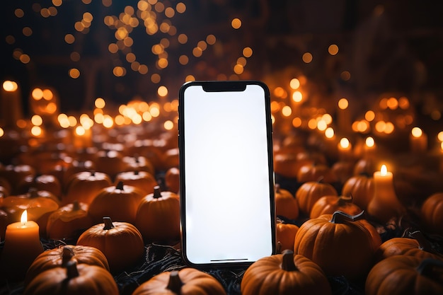 ハロウィーンのジェネレーティブ AI の背景にスマートフォンの空白の画面を持つ手