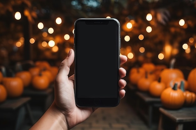 Hand holding smartphone blank screen on the background of hallaween Generative AI