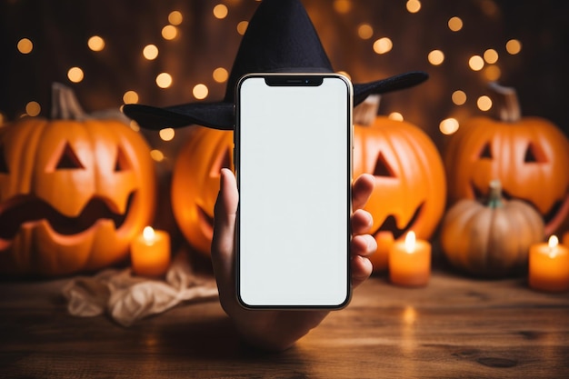 Hand holding smartphone blank white screen on the background of hallaween generative ai