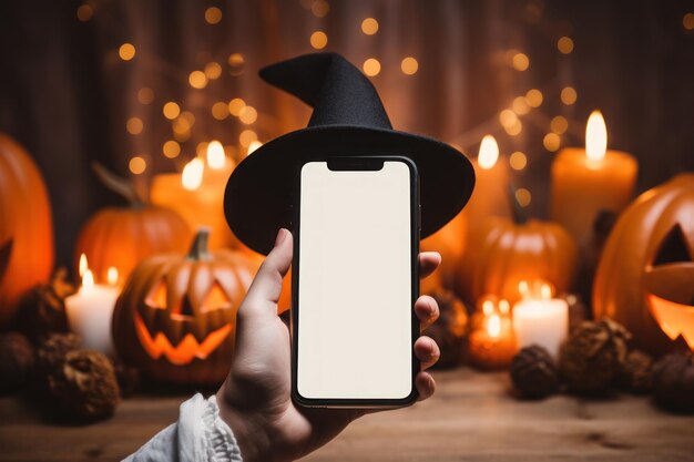 Hand holding smartphone blank white screen on the background of hallaween Generative AI