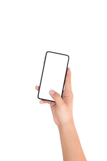 Foto passi lo smartphone della tenuta in bianco sullo schermo bianco e sul fondo bianco