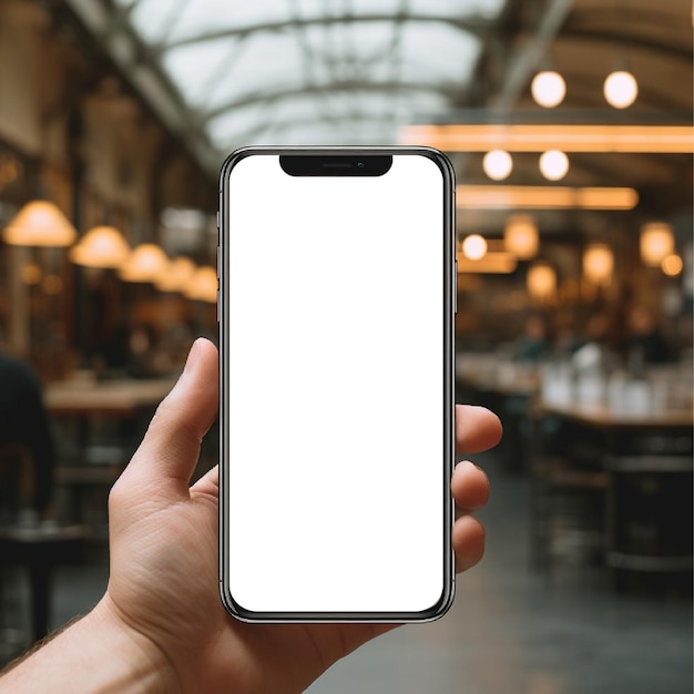 A hand holding a smartphone on a blurred cafe background Smartphone mockup