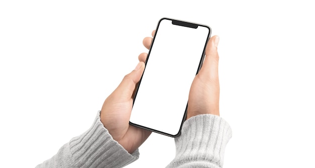 hand holding smartphone device and touching screen
