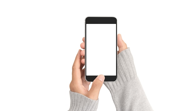 hand holding smartphone device and touching screen