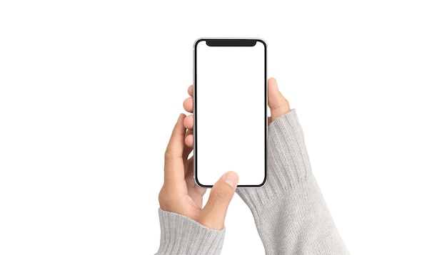hand holding smartphone device and touching screen