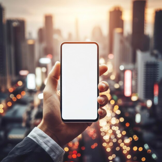 Hand holding smartphone device with white screen mockup bokeh city background ai generative