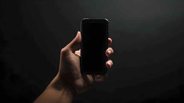 Hand holding a smartphone in focus against a dark background A concept of modern communication Simplicity and technology theme Ideal for tech ads AI