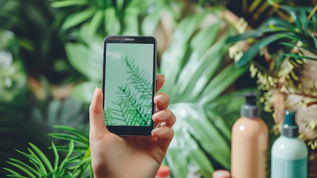 Photo a hand holding a smartphone in front of a lush green background of tropical leaves