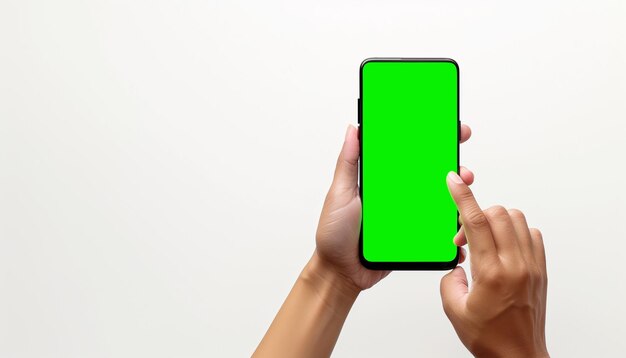 Hand holding smartphone green screen isolated on white background