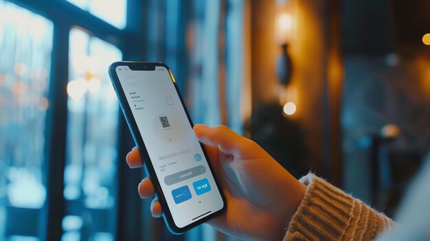 Foto una mano che tiene uno smartphone sta scansionando un codice qr su un tavolo di un ristorante il ristorante è sullo sfondo sfocato da una luce calda