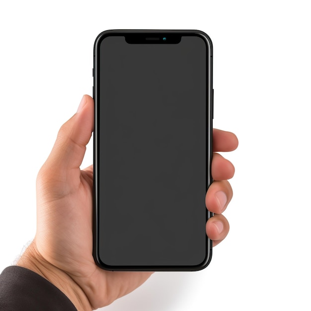 Foto mano che tiene uno smartphone su uno sfondo bianco isolato
