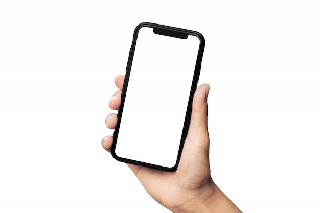 hand holding smartphone isolated on white background