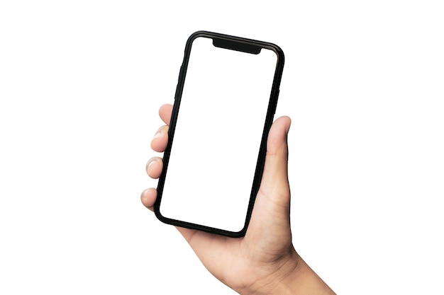 白い背景で隔離のスマートフォンを持っている手