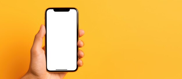 Hand holding smartphone isolated on yellow background Generative AI