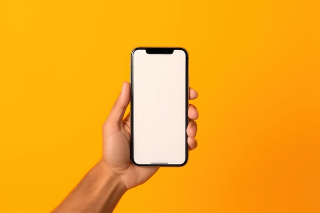 Hand holding smartphone isolated on yellow background Generative AI