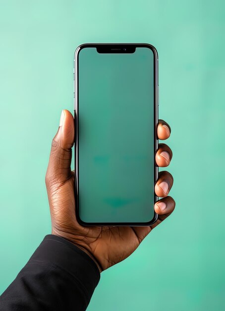 hand holding a smartphone mockup on green background Smartphone with green screen background