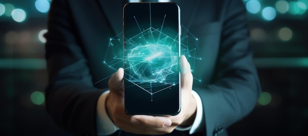 Hand holding smartphone symbol of digital lines communication connections with a satellite business Generative AI