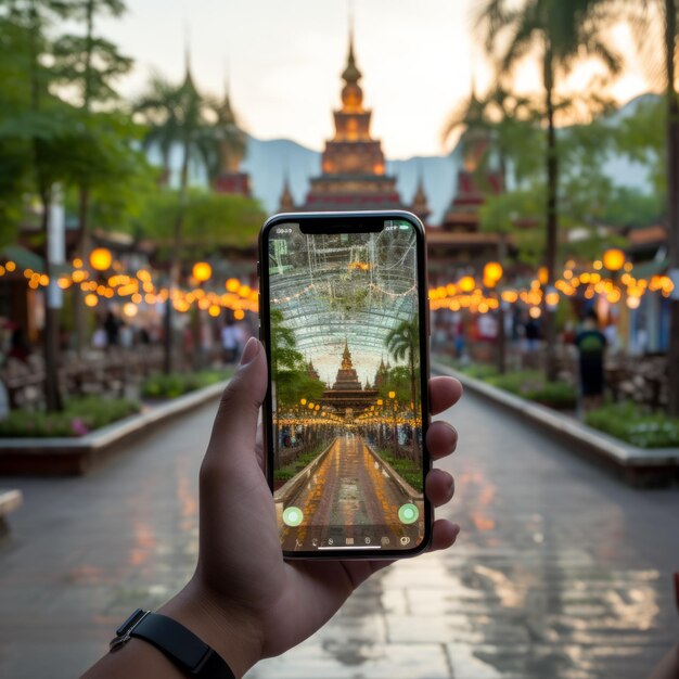 A hand holding a smartphone taking a photo of a temple with a reflection of the temple on the screen