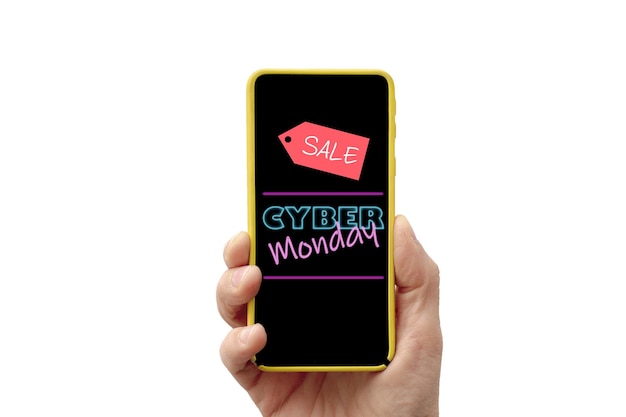 hand holding a smartphone that announces cyber monday on white background