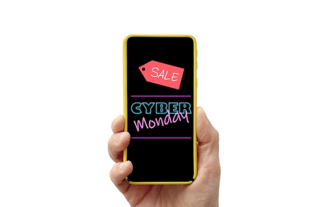 Hand holding a smartphone that announces Cyber Monday on white background