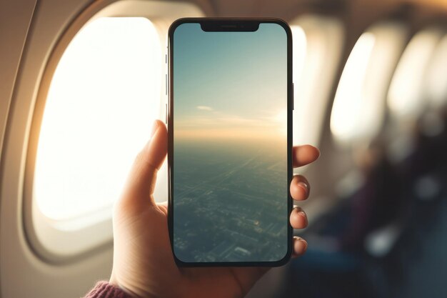 Photo hand holding a smartphone that displays an aerial view sunset sky seen through an airplane window