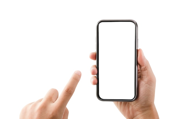 スマートフォンを押しながら空白の画面に触れる手