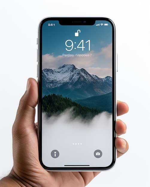 Foto mano che tiene uno smartphone mockup di schermo mobile trasparente sfondo bianco