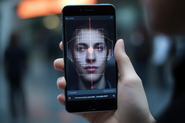 Hand holding smartphone using face recognition security user identification to unlock access