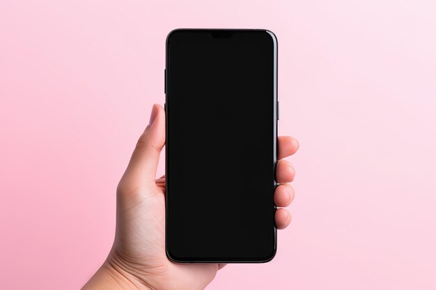 사진 핑크색 배경에 고립된 검은색 빈 화면을 가진 스마트폰을 손에 들고 있습니다.
