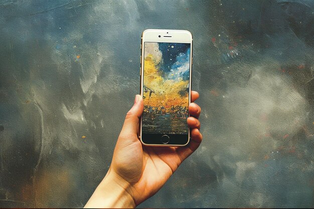 Hand holding smartphone with autumn landscape on the screen over grunge background