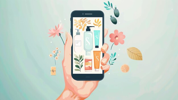 Photo a hand holding a smartphone with a beauty product on the screen