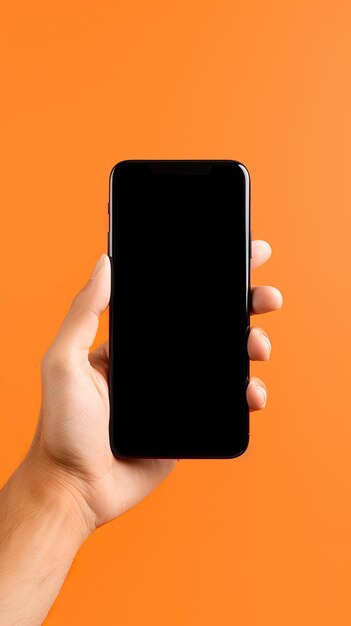 Photo hand holding smartphone with a black blank screen isolated on an orange background