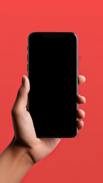 Hand holding smartphone with a black blank screen isolated on a red background