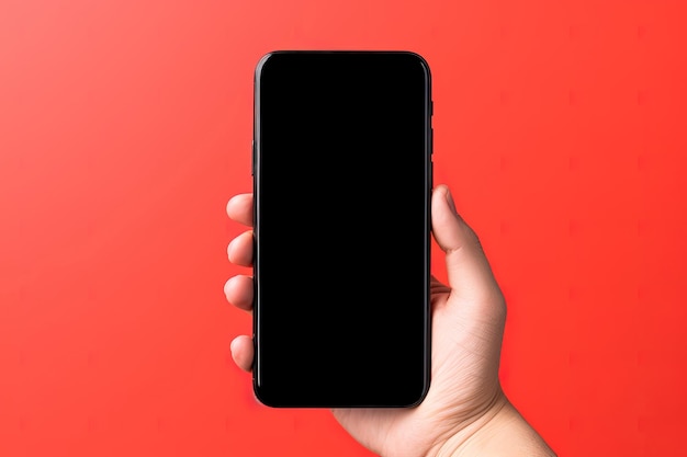 Hand holding smartphone with a black blank screen isolated on a red background