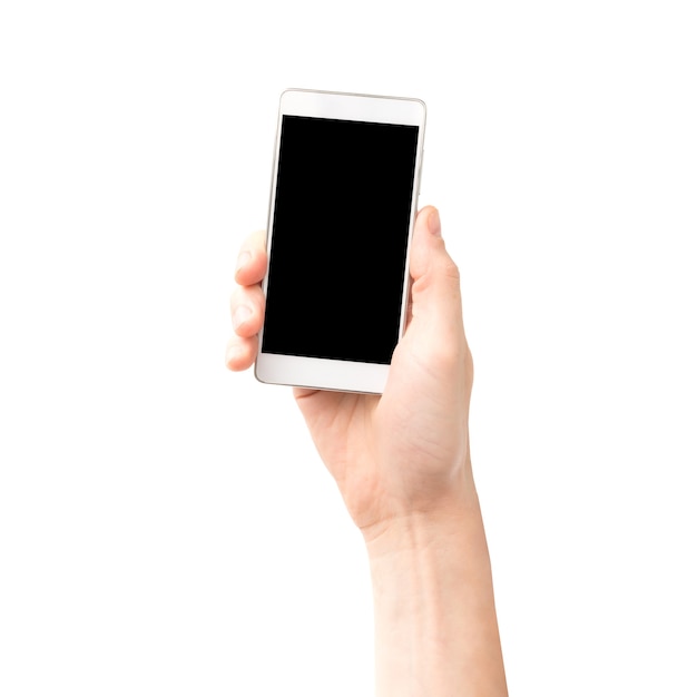 Hand holding smartphone with black screen isolated on white background