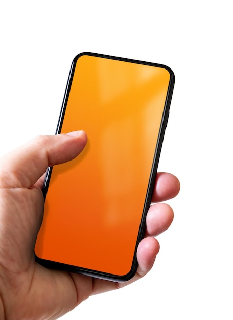 Hand holding a smartphone with blank orange screen Isolated on white