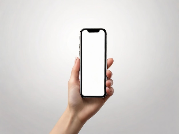 Смартфон в руке с пустым экраном на белом фоне