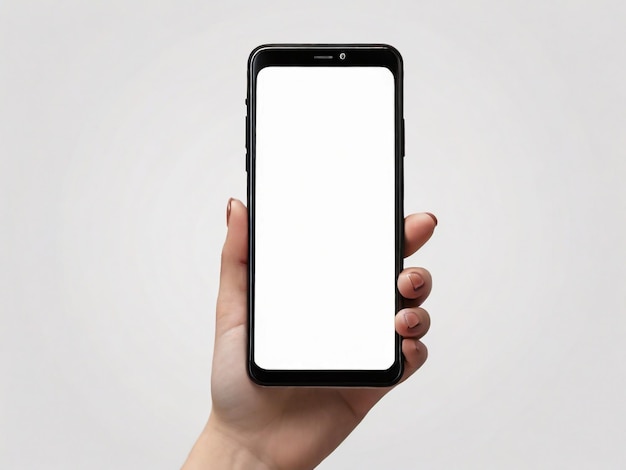 白い背景に隔離された白い画面のスマートフォンを手に持っている