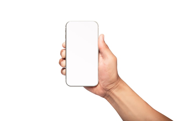 흰색 배경에 격리된 빈 화면과 현대적인 프레임리스 디자인으로 스마트폰을 들고 있는 손