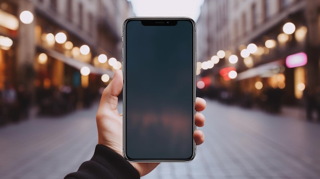 Foto una mano che tiene uno smartphone con uno schermo vuoto con una strada della città sfocata e luci sullo sfondo