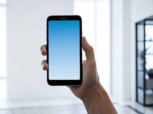 スマートフォンを手に取り白い白い画面の新しいアパートやホテルの部屋を背景にアプリを f