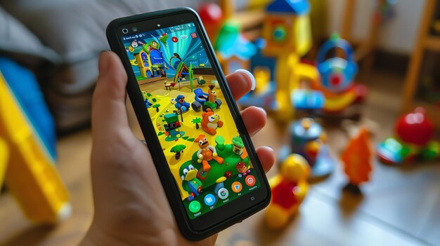 Photo a hand holding a smartphone with a colorful 3d game on the screen the background is a blurry mess of colorful toys