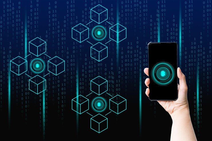 Photo hand-holding smartphone with cryptocurrency coin and blockchain technology