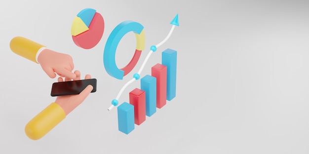 Smartphone della tenuta della mano con il grafico di dati. tecnologia di marketing digitale, grafico dei rapporti finanziari, illustrazione 3d